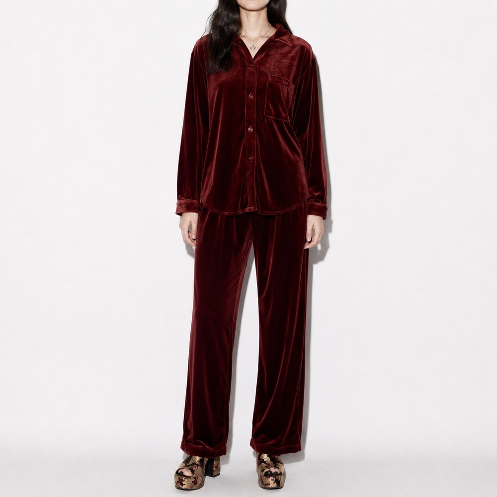 90s Velvet Button Down Pants Set Womens M Burgundy Co-ord Loungewear Elasticized